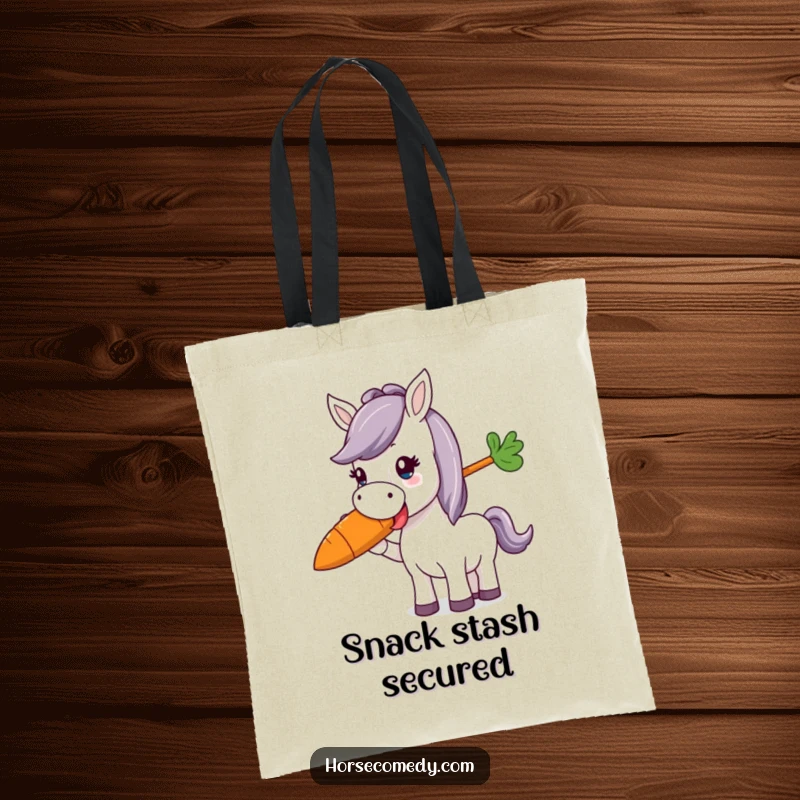 Funny horse character happily munching a giant, colorful carrot on a tote bag, making errands delightful and funny.